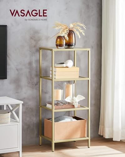VASAGLE Bookcase Bookshelf, Tempered Glass Bookshelves, Steel Frame