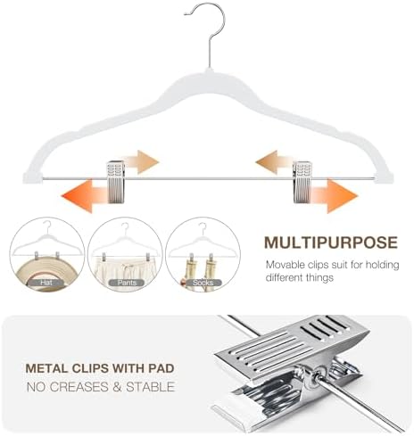 Korpai 36-Pack White Velvet Hangers with Clips Adjustable,Adult Hangers,Outfit Hanger,Heavy-Duty,Felt,Non-Slip,Space Saving, for Pants, Skirts, Suits,Coats, Dresses ect.