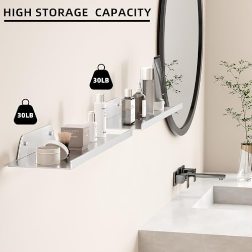 Floating Shelves for Wall, Off Center Metal Shelves for Living Room, Silver Floating Shelves for Wall Decor, 16” Hanging