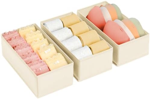 DIMJ Drawer Organizer - Small Clothes Organizer Set of 3, Drawer Dividers for Baby Clothes, Underwear, Socks, Bra, Belt, Tie - Beige