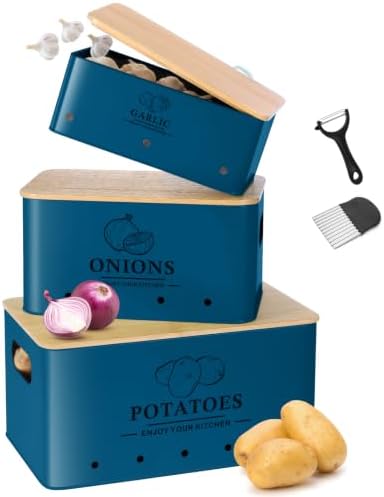 Kitchen Vegetable Storage Set of 3, Metal Onion Garlic Potato Storage Set, Kitchen Canisters Vegetable Keeper Containers