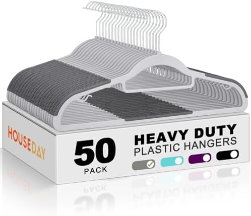 HOUSE DAY Plastic Hangers 50 Pack, Grey Plastic Clothes Hangers Non Slip with Rubber Grip, Heavy Duty Hanger with 360° Swivel Metal Hook, Ultra Thin Hangers Space Saving for Closet Organizer