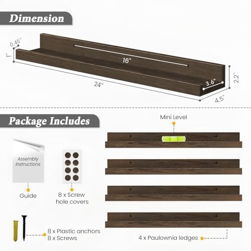 24 Inch Wooden Picture Ledge Shelf, Rustic Brown Phtoto Shelves for Wall