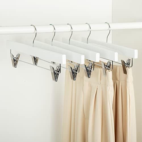 Amazon Basics Durable Wooden Pants and Skirt Hangers with Clips, Closet Organizer, White, 10-Pack