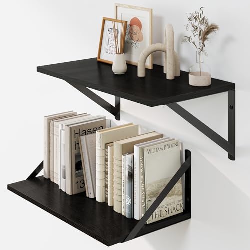 Heimlove Black Deep Floating Shelves for Wall, 16W x 8D Wood Wall Shelves Set of 2, Wide Floating Bookshelf for Living R
