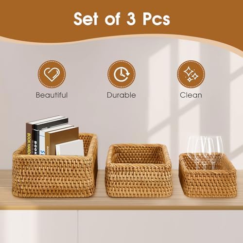 Natural Rectangular Rattan Storage Baskets (Set of 3), Hand Woven Food and Fruit Serving Baskets, Wicker Organizer for L
