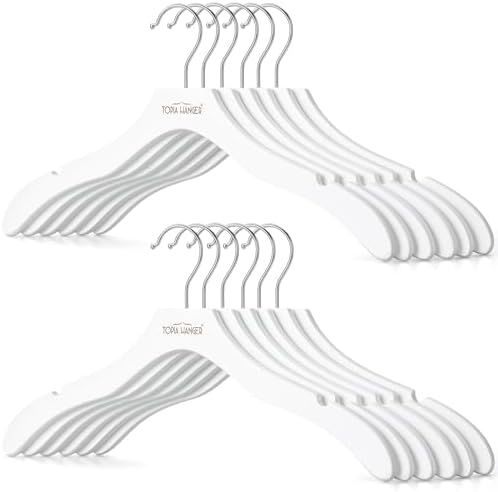 TOPIA HANGER Wooden Hangers for Women, Premium Sweater Hangers No Shoulder Bump, 360° Swivel Hook and Cut Notches Clothes Hangers for Sweater, Coat, Shirts, Hoodies, Dress, 12 Pack White CT84W