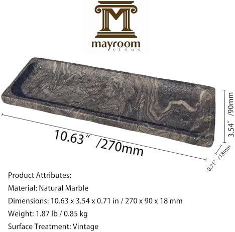 Vintage Marble Storage Vanity Tray: 10.6” x 3.5” Rectangular Decorative Tray for Bathroom Kitchen Dresser Desk Jewelry H