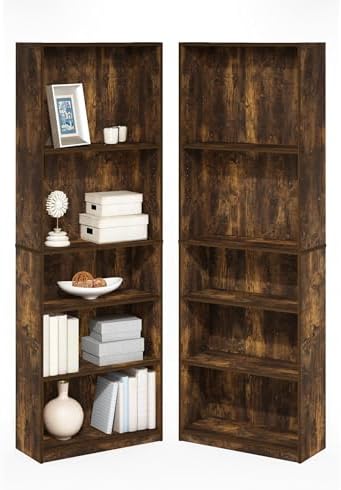Furinno Jaya 5-Tier Book Shelf Set of 2, Adjustable Shelf, Amber Pine