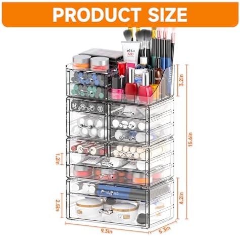 Cq acrylic Clear Make up Organizers for Vanity,Skincare Organizer With 13 Drawers for Dresser,Plastic Cute Desk Accessor
