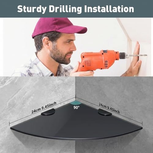 2 Pack Tempered Glass Corner Shelf SUS304 Stainless Drill Install