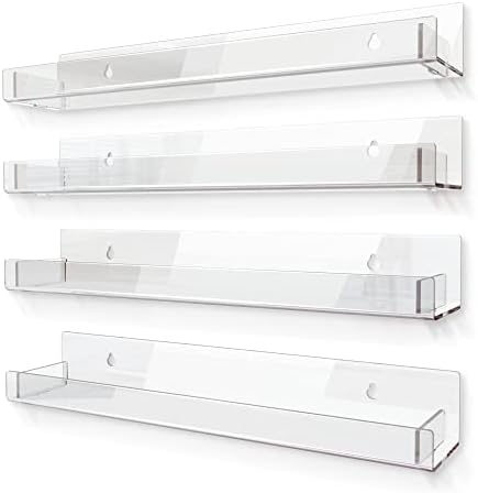 4 Pack 15 Inch Clear Acrylic Floating Wall Shelves, Kids Bookshel