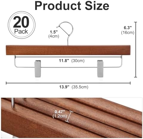 TOPIA HANGER Walnut Wood Pants Hangers, Wooden Skirt Short Jeans Trouser Hanger with Smooth Surface 360° Swivel Hook Anti Rust 2 Adjustable Clips, 20 Pack, CT10PWA20