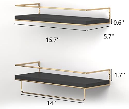 Shario Floating Shelves - Set of 2, Wall Mounted Hanging Shelves with Golden Towel Rack, Decorative Storage Shelves for 