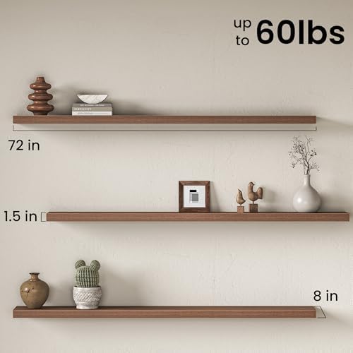 72" Floating Shelves for Wall, Set of 2, 8" Deep, 1.5" Thick, Walnut Finish