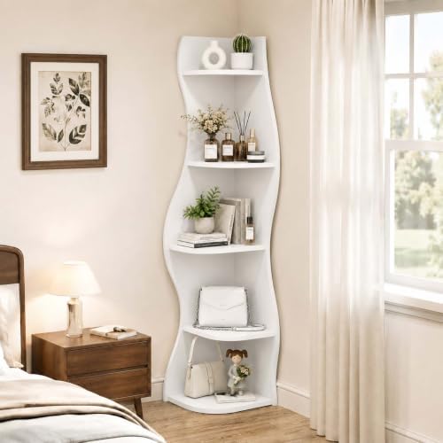 HRVEOCEI 5-Tier Wavy Corner Shelf with Curvy Shape for Small Space, White
