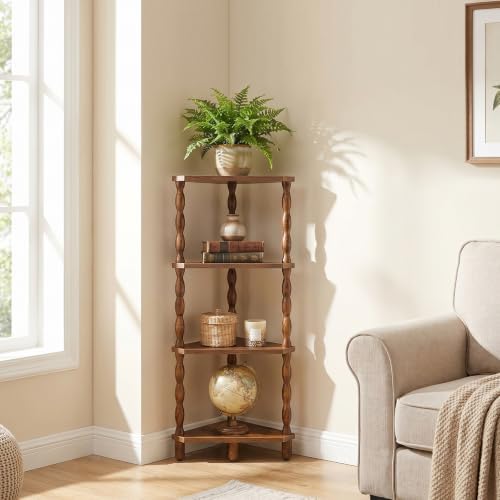 HOOBRO 4-Tier Corner Shelf, Wooden Corner Bookshelf for Small Space, Stylish Corner Storage Display Shelves for Living R