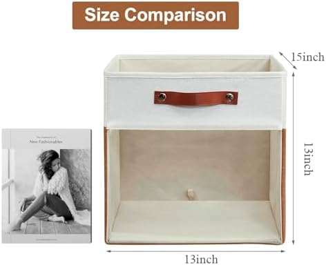 Bagnizer Storage Cubes, 4 Pack Linen Foldable Storage Bins with Clear Window and 2 Handles, 13x15x13 Storage Cube Bins for Shelf Closet, Kallax, Clothes, Books - (Brown / Off-White)