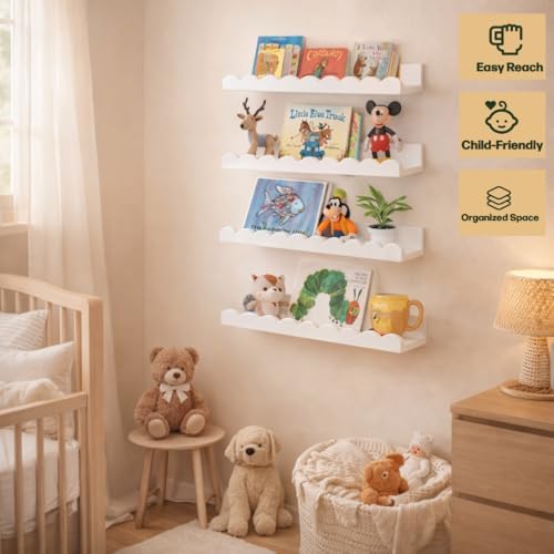 Scalloped Shelves - Set of 4 Pre-Assembled 15.6inch White Floating Nursery Book Shelves, Scalloped Book Shelf for Kids R