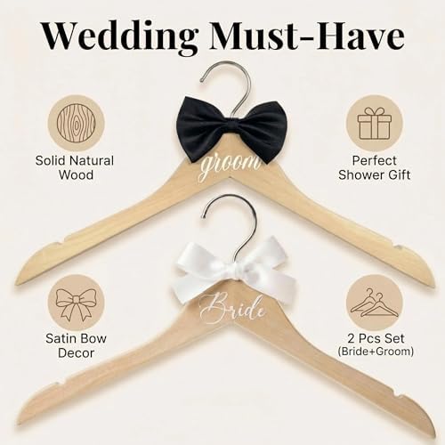2 Pcs Bride Hanger for Wedding Dress, Bride and Groom Wooden Wedding Hangers Set, Dress and Suit Hangers with Bow Ties and Shoulder Notches, Bridal Shower Gifts Photography Props