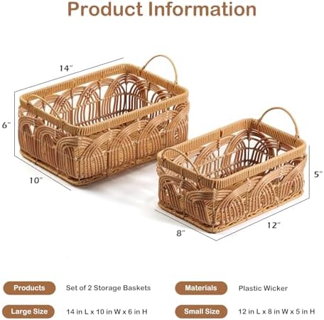 2PCS Plastic Wicker Storage Baskets Set Handmade Woven Boxes