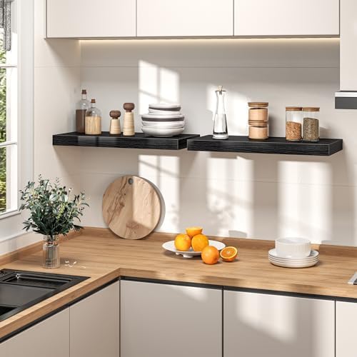 Fun Memories 24 Inch Deep Floating Shelves, Set of 2 Rustic Wood Wall Mounted Shelves with Invisible Brackets, Storage B