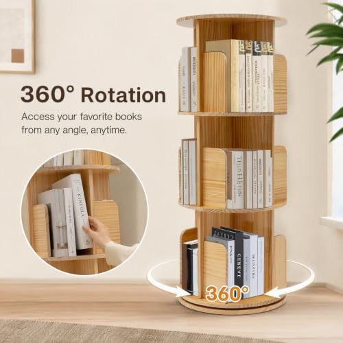 3 Tier Rotating Bookshelf Tower, Wood Revolving 360 Book Shelf, Vertical Rotate Turning Spiral Corner Organizer, Revolvi