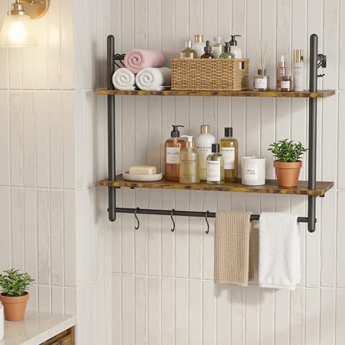Merapi 31.5" Industrial Pipe Floating Shelf with Towel Bar & Hooks