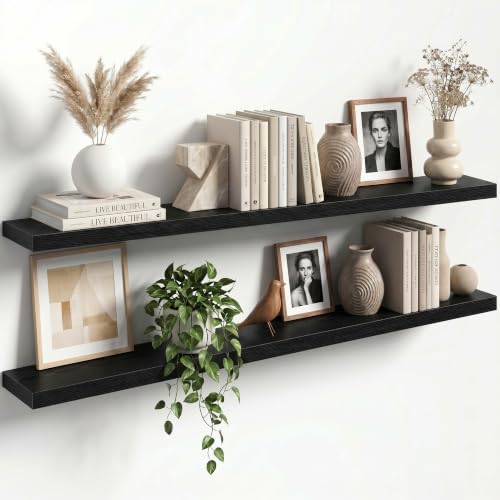 55" Floating Shelves for Wall, Set of 2, 8" Deep, 1.5" Thick, Black