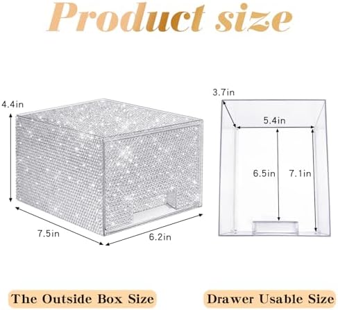 Bling Stackable Cosmetic Organizer with Silver Rhinestones, Glitter Acrylic Drawer, Shiny Plastic Organizer for Dresser,