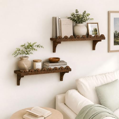 Scalloped Wood Wall Shelves, 17-Inch Wavy Rustic Floating Shelves, Set of 2