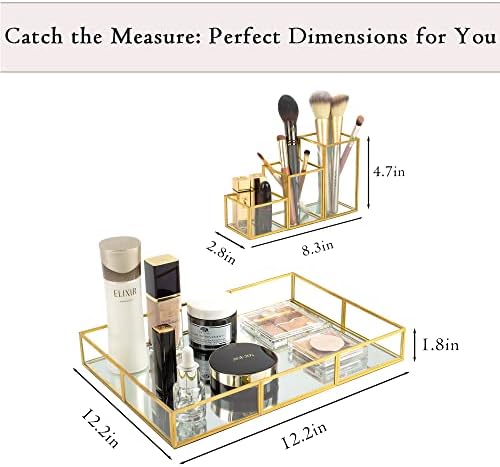 Gold Metal Frame and Glass Vanity Tray Set, Large Decorative Platform for Perfumes, Makeup Brushes, Jewelry Display, Off