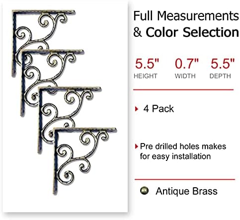 NACH Decorative Shelf Brackets, 2 Pack of 5.5 x 0.7 x 5.5 inch, Antique Brass Cast Iron Shelving Brackets - Metal Shelf 