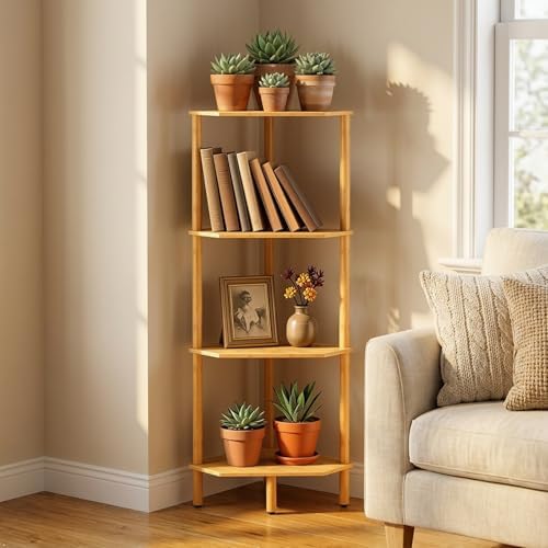Corner Shelf Stand, 4 Tier Bamboo Corner Organizer, Narrow Tall Bookcase, Corner Shower Caddy, Plant Display Shelf, Open