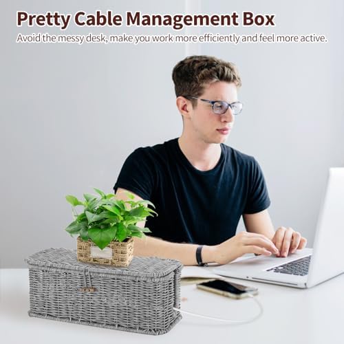 Cable Management Box, Desk Handwoven Rattan Cord Hider Cable Organizer Box With Lid Button Lock, Power Strip Cover Wicke