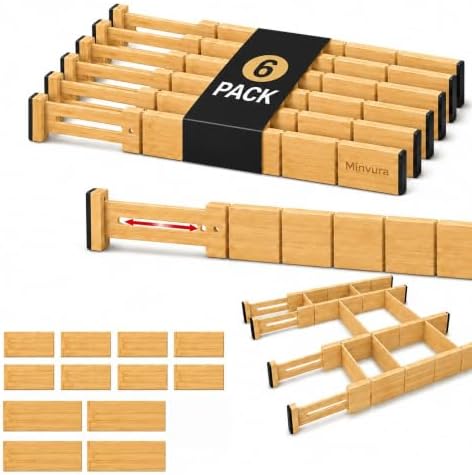 6 Pack Bamboo Drawer Dividers with 12 Inserts, Adjustable 17–22 Inch Expandable Drawer Organizer for Kitchen, Dresser & 