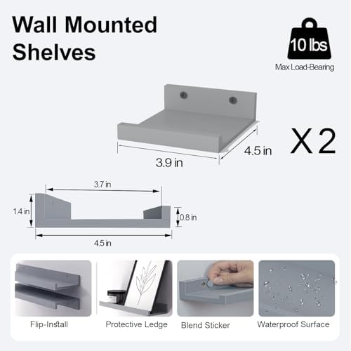 Small Grey Floating Shelves for Wall, Shelf with Lip Set of 2, 4 in