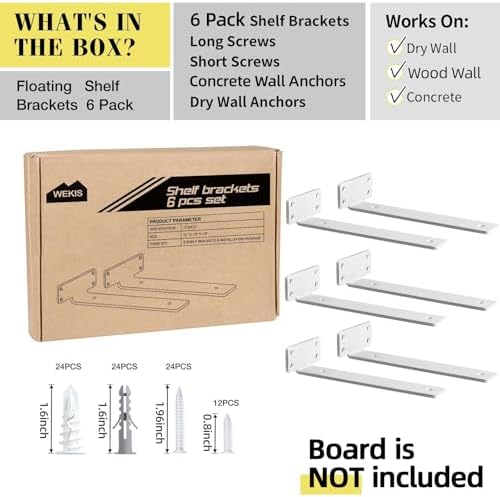 Shelf Brackets, Heavy Duty Floating Shelf Brackets 12-Inch Long, 6-Pack Brackets for Shelves, Matte White L Hidden Metal