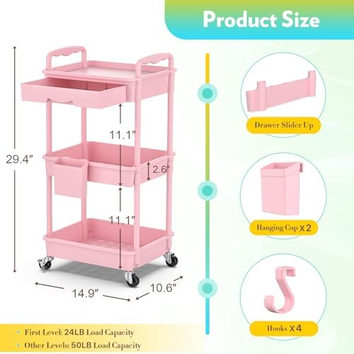 SUNALLY Makeup Cart Organizer with Drawer, 3 Tier Rolling Makeup Cart, Pink