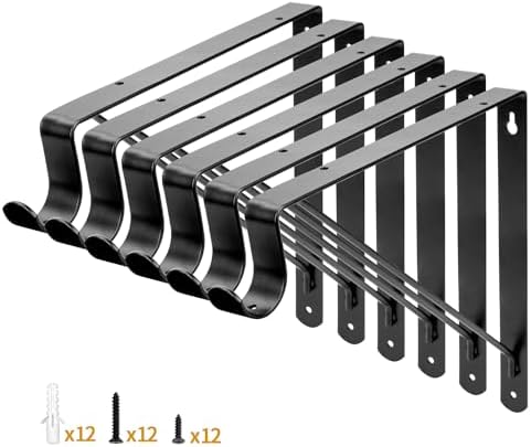 Yarssihha 6 Pack Closet Rod Bracket, 12 x 10.4 Inch Wall Mounted Closet Shelf Bracket, Black Closet Rod Support Bracket 