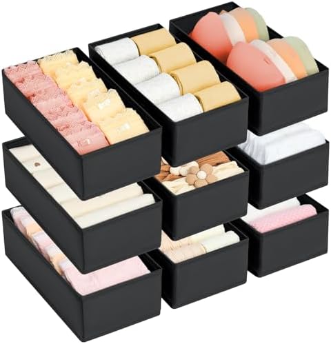 DIMJ Drawer Organizer Clothes - Underwear Organizer Sock Closet Organizers and Storage Box Dresser Organizer, Drawer Dividers for Baby Clothes, Bra, Socks, Belt, Tie, Set of 9, Black