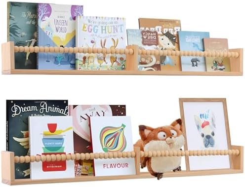 Nursery Book Shelves - Wall Mounted Set of 2, 32 inches Wooden Floating Bookshelves for Kids' Room and Study Room