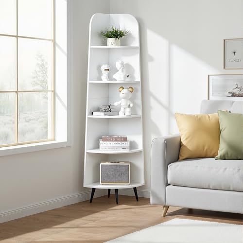 VECELO 5-Tier Curved Corner Shelf, 66.93" Tall Display Rack, White