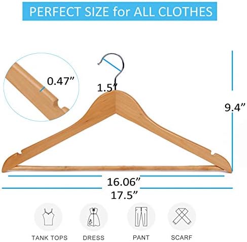 Non-Slip Wooden Hangers 20 Pack with Pant Bar, Natural Wood Suit Hangers for Shirts, Dresses, Pants & Jackets | Bulk Closet Hangers