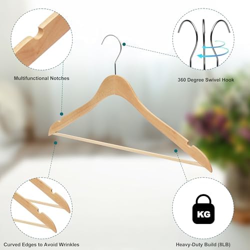 Quality Hangers 16.5" Wooden Hangers Multi Pack, Ultra Thin Space Saving Natural, 360 Degree Swivel Hook, Best for Shirt