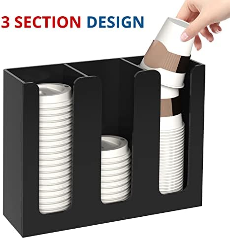 KOTEMON Acrylic Cup and Lid Holder, 3 Compartment, Disposable Coffee Cup Dispenser Cup Storage Organizer, Black