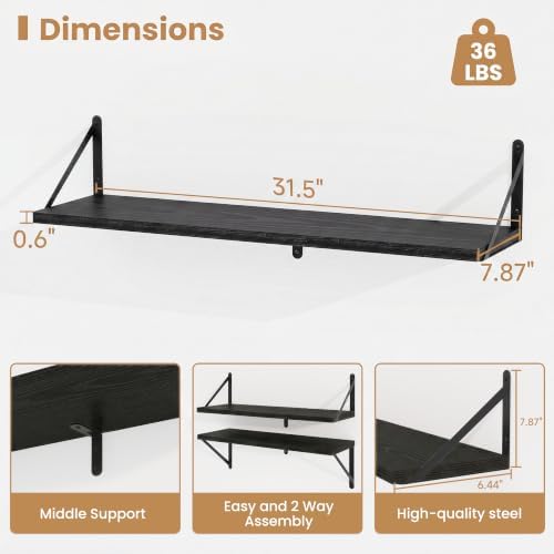 Heimlove Floating Book Shelves for Wall,31.5Inches Long Wall Mounted Bookshelves,Heavy Duty Bracket Shelves for Living R