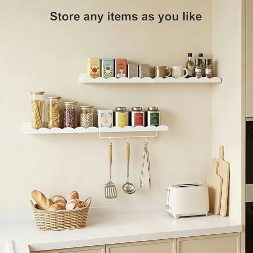 Fixwal Nursery Shelves, 16.5 Inch Floating Bookshelves for Wall Set of 4, Scalloped Wall Book Shelves with Towel Rack fo