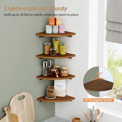 Forbena Walnut Brown Floating Corner Shelves for Wall 4-Pack, Small Corner Wall Shelves for Kids Room, Cute Wooden Hangi