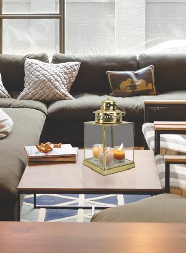 Serene Spaces Living 12" Aurea Candle Lantern, Gold Square Metal Candle Holder - Table, Mantel Decor, Elegant Decorative